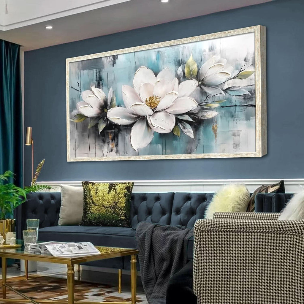 Magnolia Textured Floral Wall Art 40x20 Hand-Painted Framed Teal – image 2