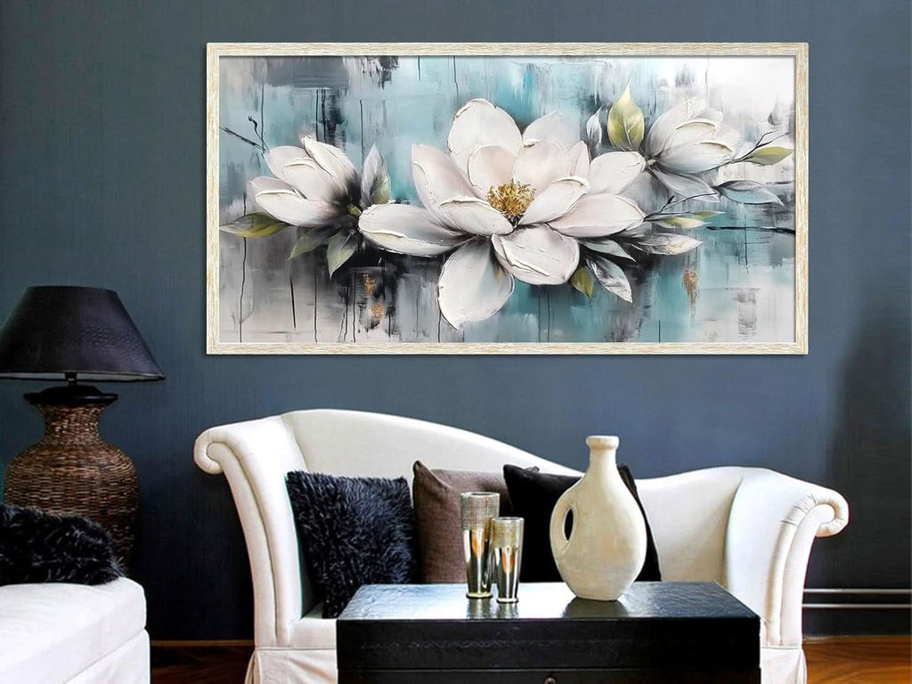 Magnolia Textured Floral Wall Art 40x20 Hand-Painted Framed Teal – image 4