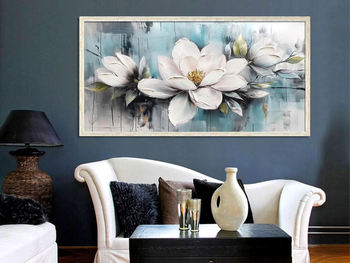 Magnolia Textured Floral Wall Art 40x20 Hand-Painted Framed Teal – image 4