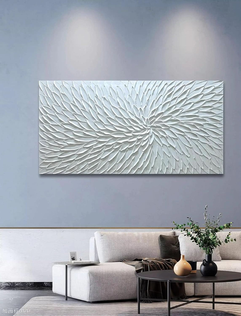 Intricately Textured Floral Wall Art 24x48 Hand-Painted White Canvas – image 5