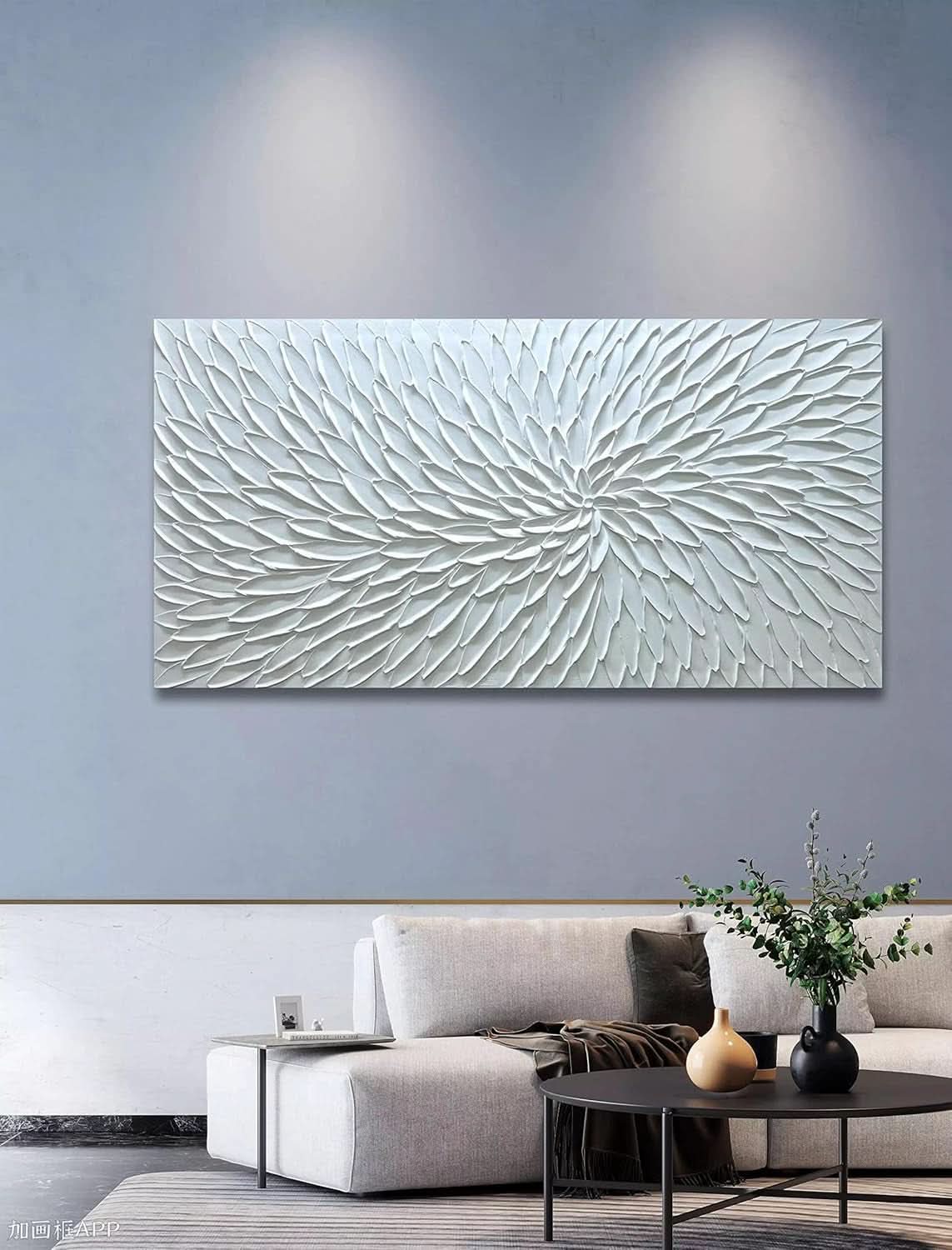 Intricately Textured Floral Wall Art 24x48 Hand-Painted White Canvas – image 5