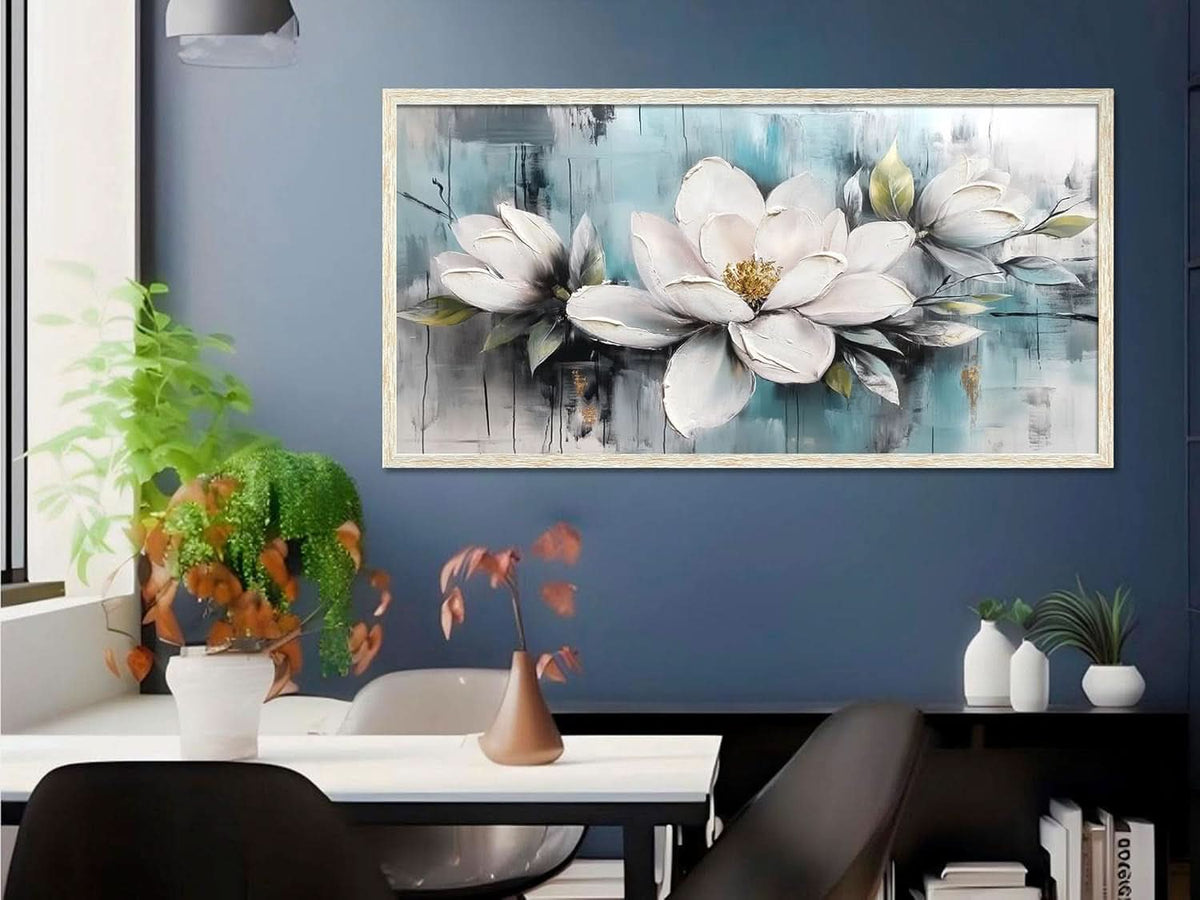 Magnolia Textured Floral Wall Art 40x20 Hand-Painted Framed Teal – image 7