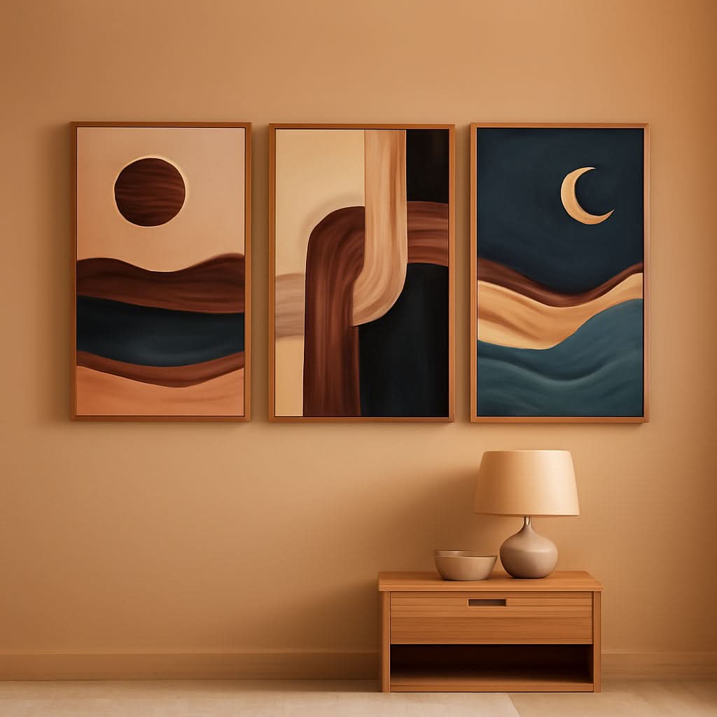 Three-Panel Abstract Wall Art Set of 3 Framed Beige Canvas, 16x24 in – main view