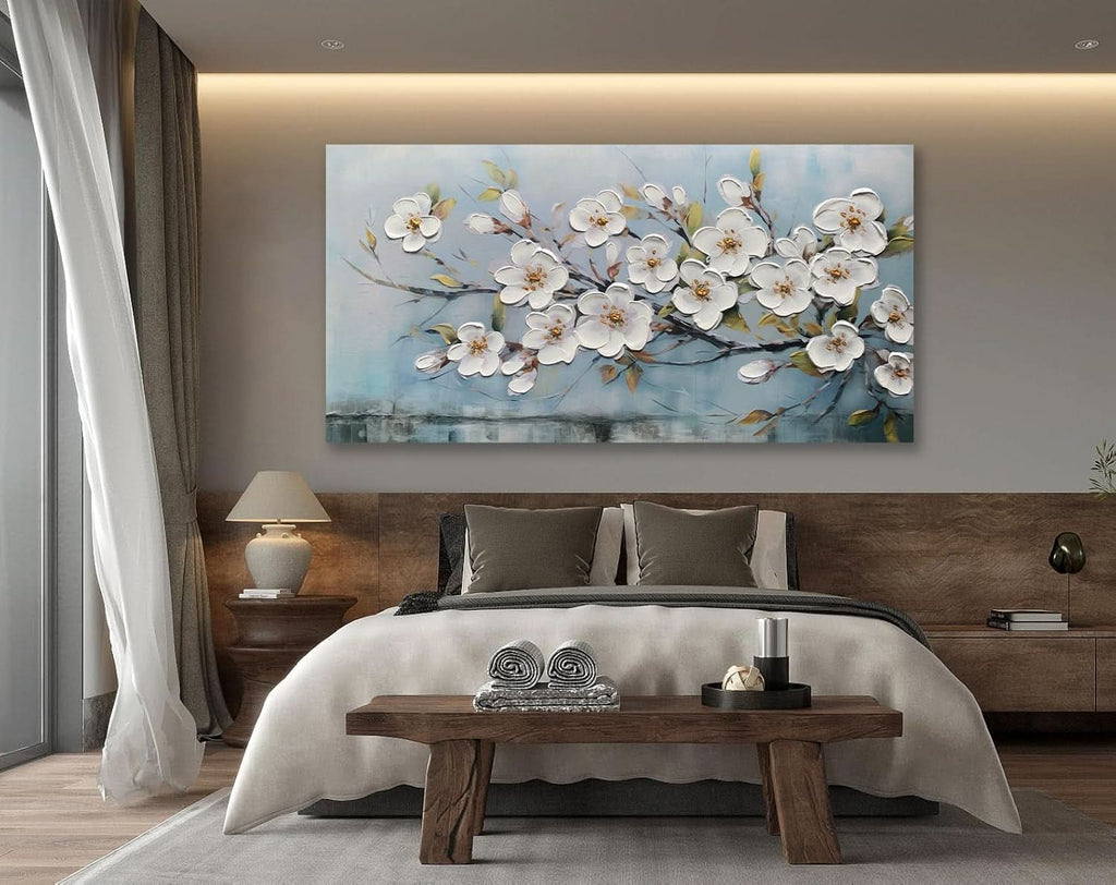 Textured Floral Wall Art 40x20 Hand-Painted White for Living Room – image 5