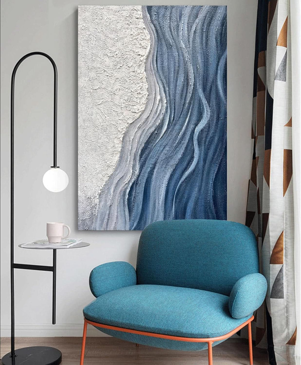 Textured Wall Art 60x40 Hand-Painted White Blue for Living Room – image 7