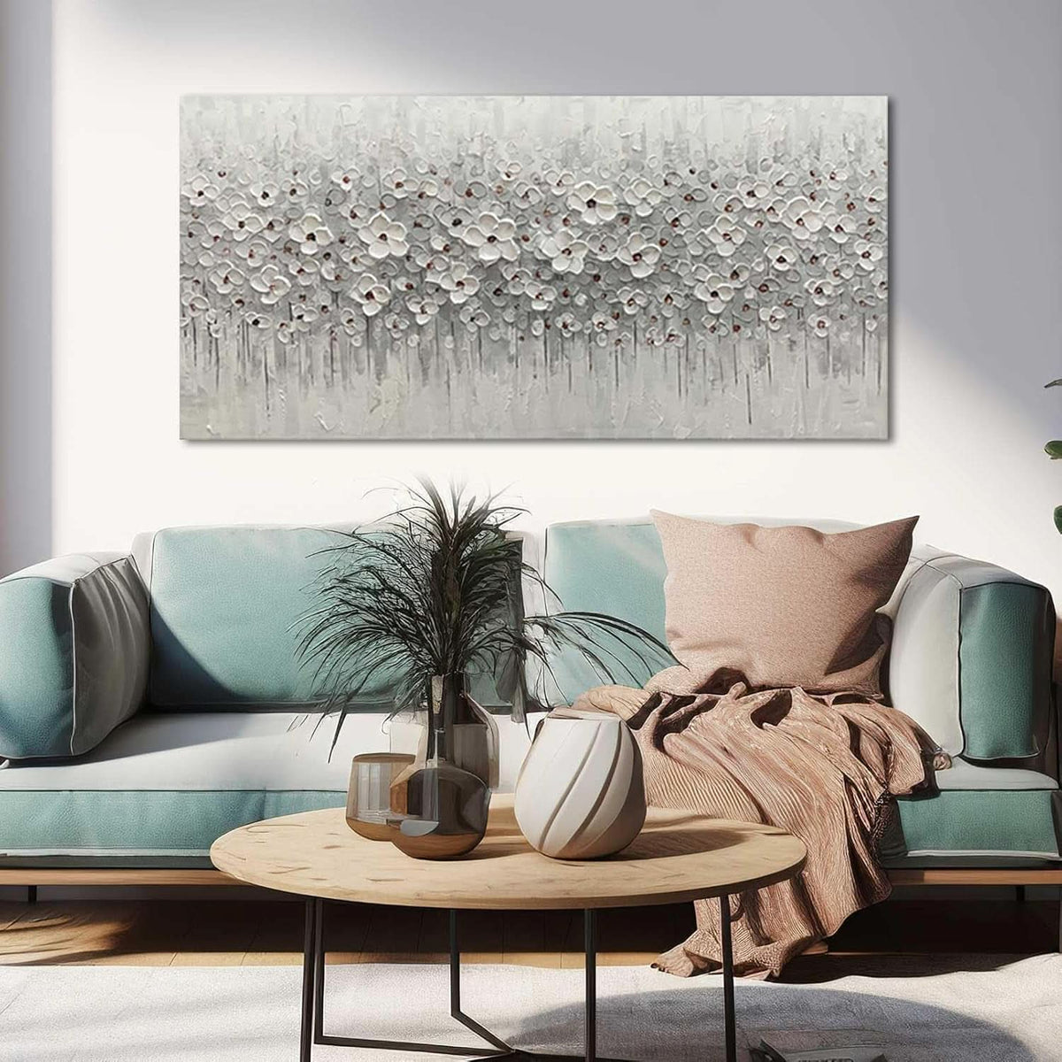 Flower Floral Wall Art 24x48 Framed White Canvas for Living Room – image 2