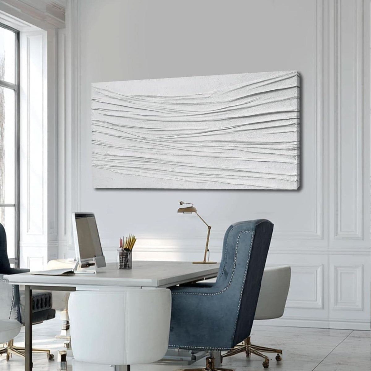 Textured Abstract Wall Art 24x48 Hand-Painted White Canvas – image 3