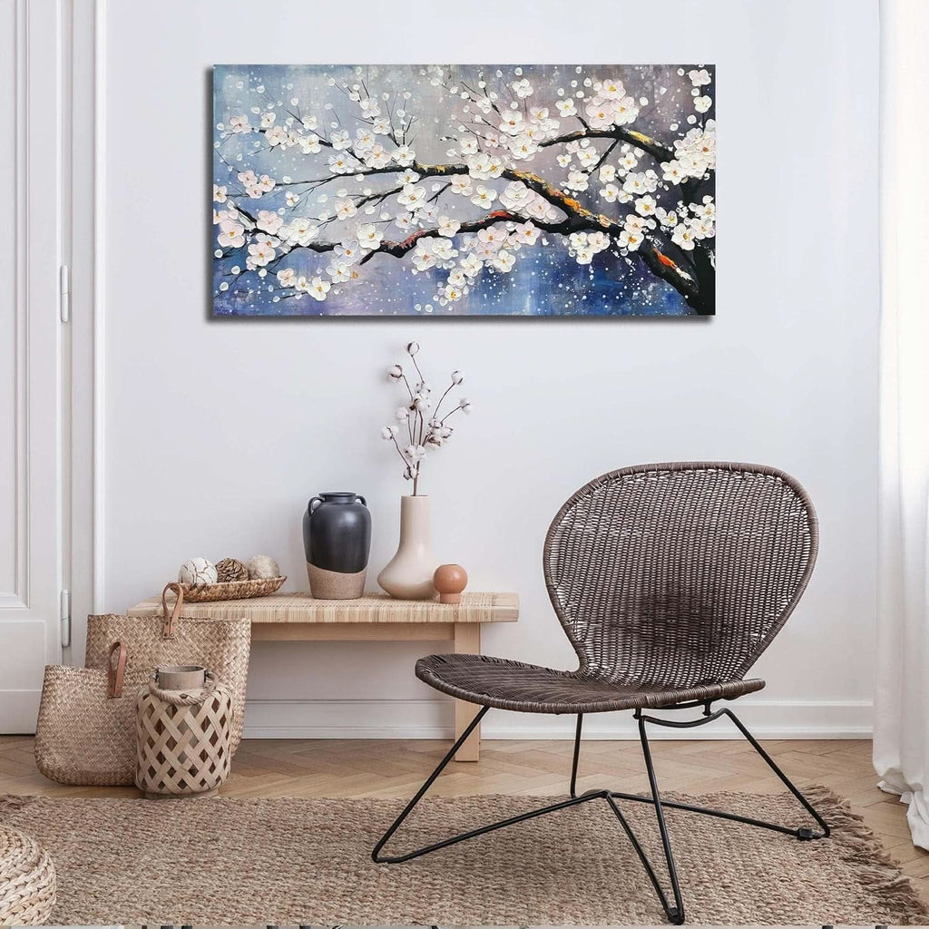 Plum Blossom Twent Floral Wall Art 40x20 Hand-Painted White Blue – image 9