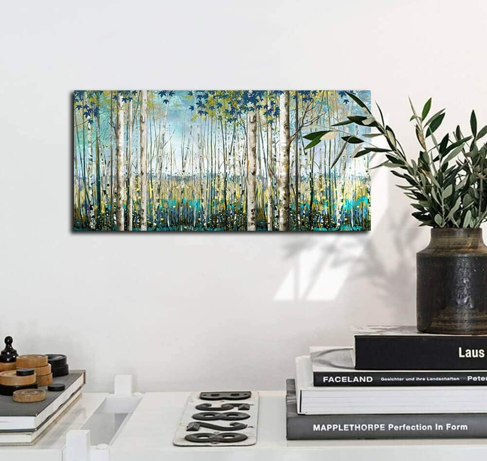 Birch Tree Landscape Wall Art 24x48 Framed Teal Canvas – image 4