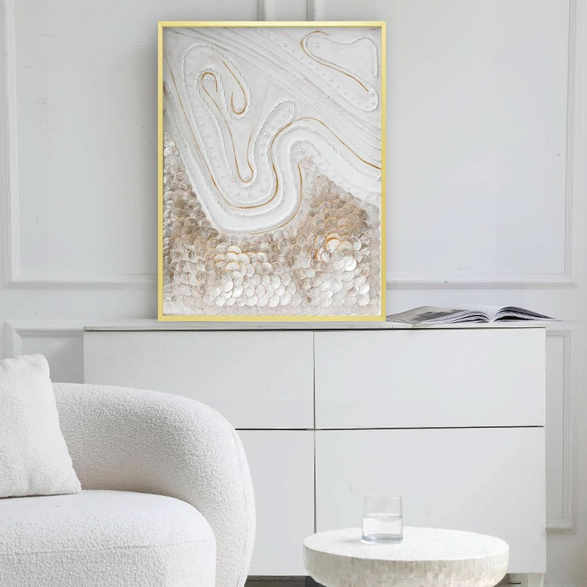 Capiz Shell Abstract Coastal Wall Art 23.6x31.5 Hand-Painted Framed – image 2