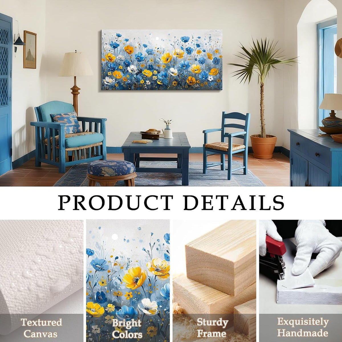 Wildflower Floral Wall Art 20x40 Yellow Cerulean Canvas – image 3
