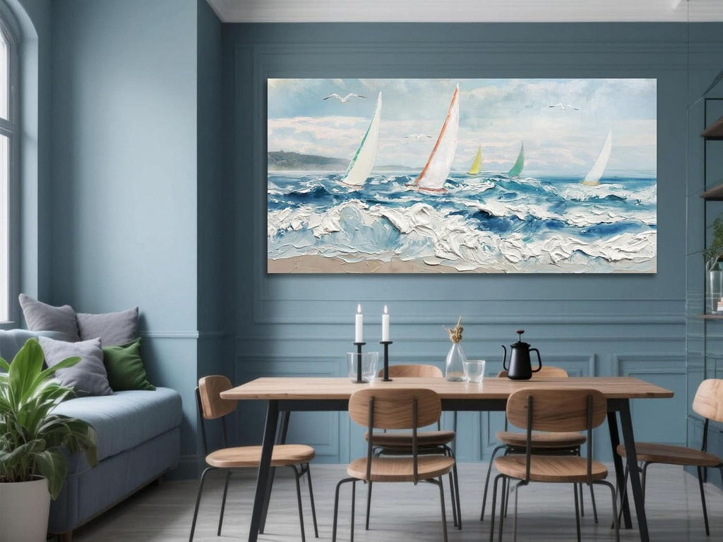 Ocean Wave Textured Coastal Wall Art 40x20 Blue Canvas – image 4