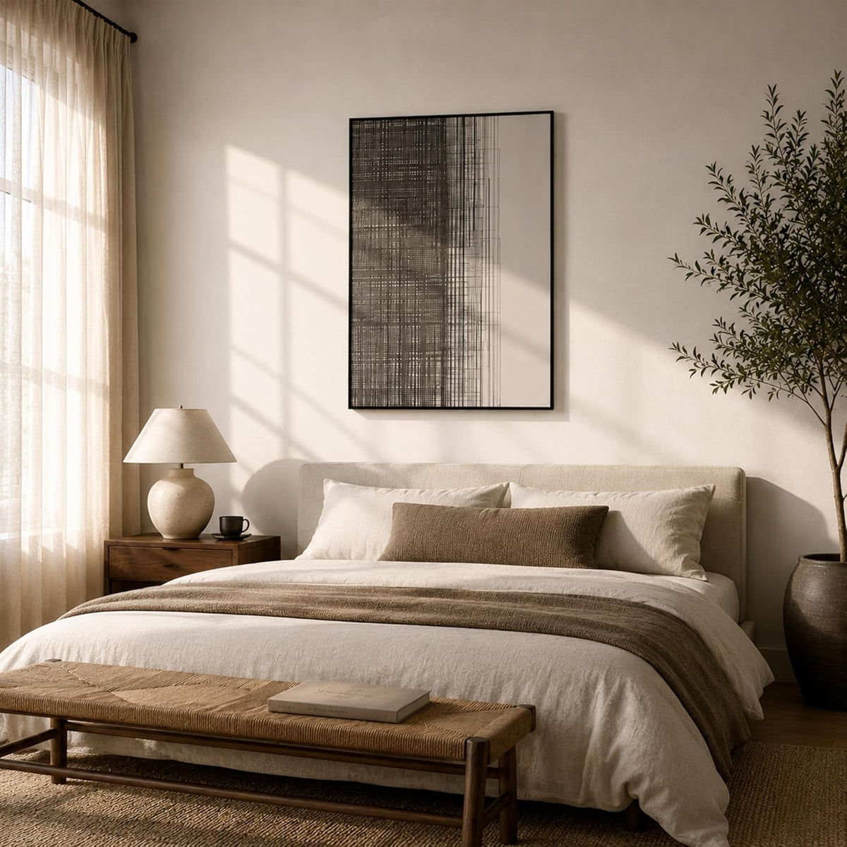 Geometric Grid Textured Abstract Wall Art 48x32 Framed Grey – image 5