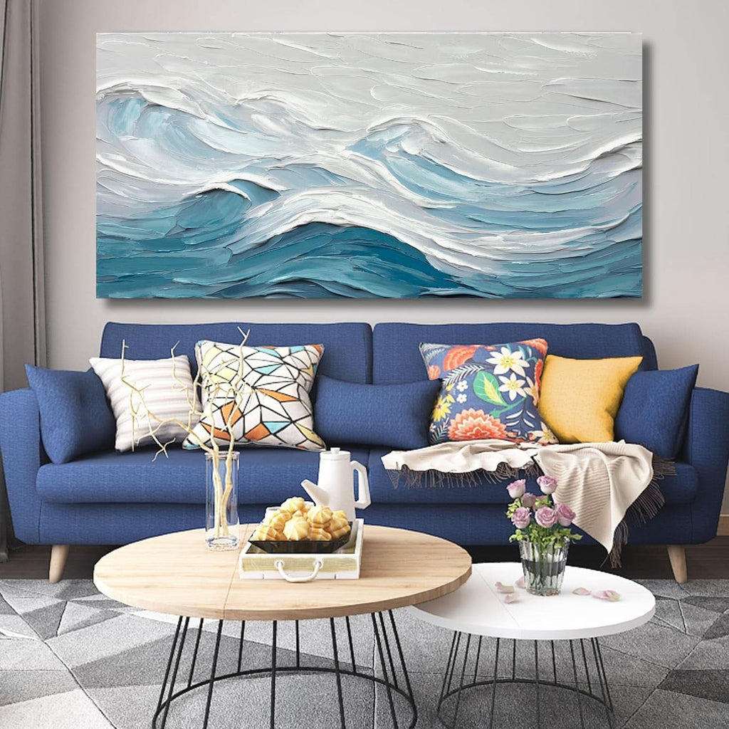 Ocean Abstract Coastal Wall Art 20x40 Hand-Painted White Blue Canvas – image 3
