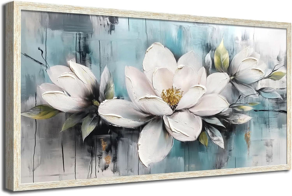 Magnolia Textured Floral Wall Art 48x24 Framed White Canvas – image 2