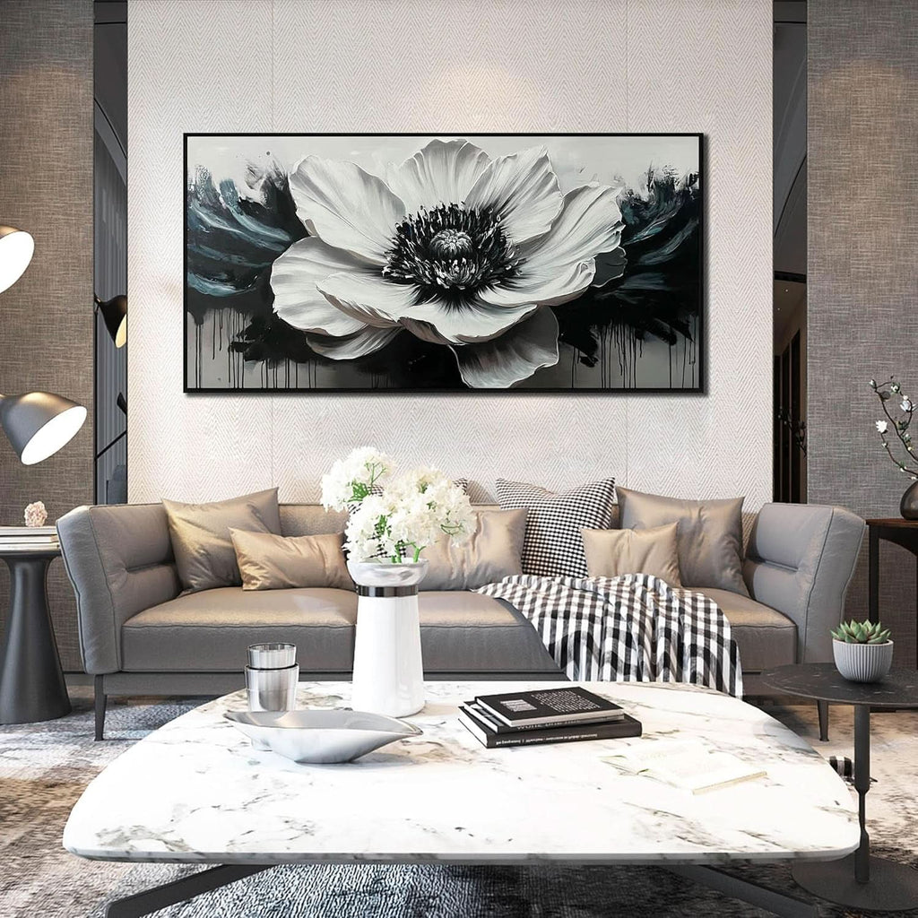 Black and White Floral Wall Art 59x29 Hand-Painted Canvas – image 3