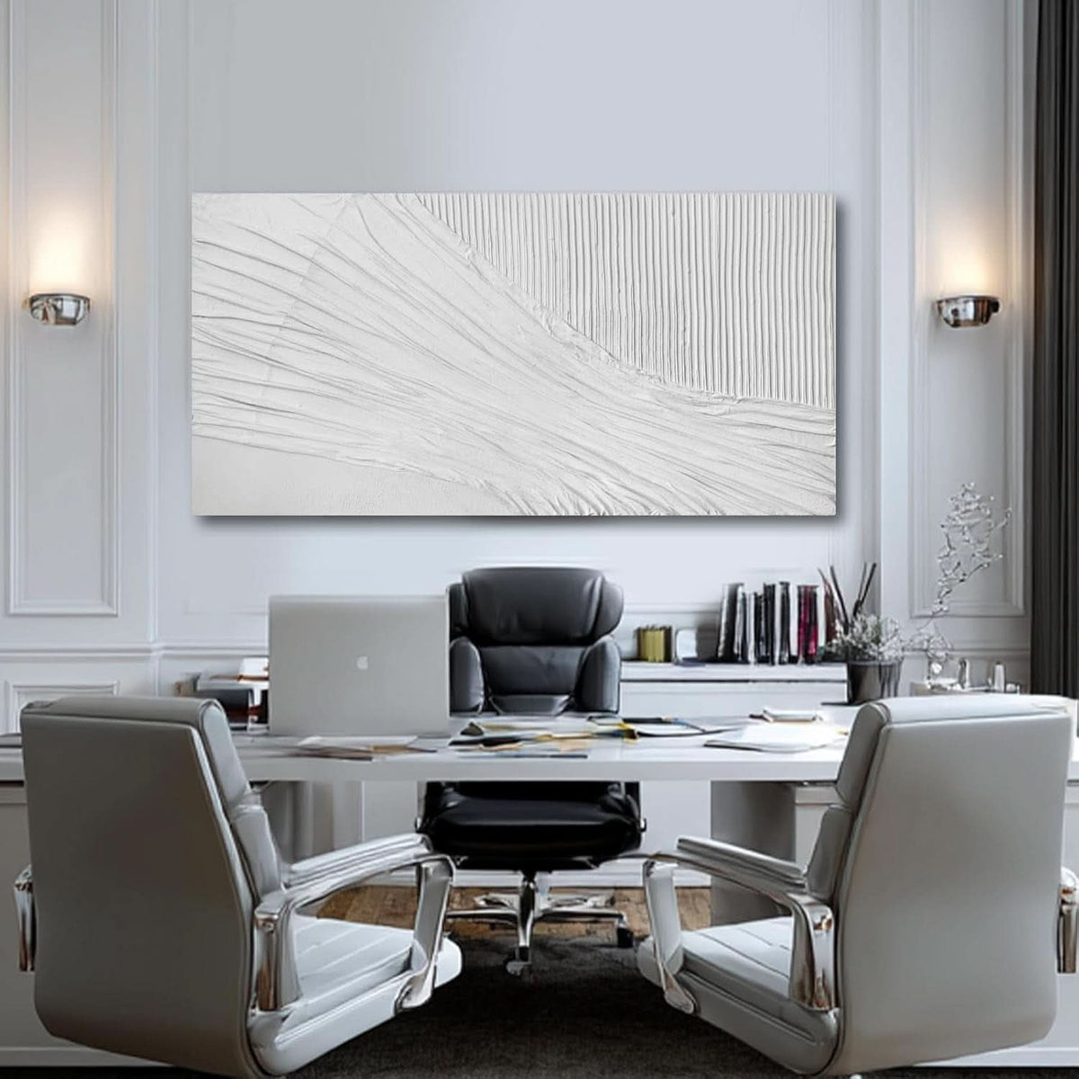 Textured Abstract Wall Art 24x48 Hand-Painted White Canvas – image 3