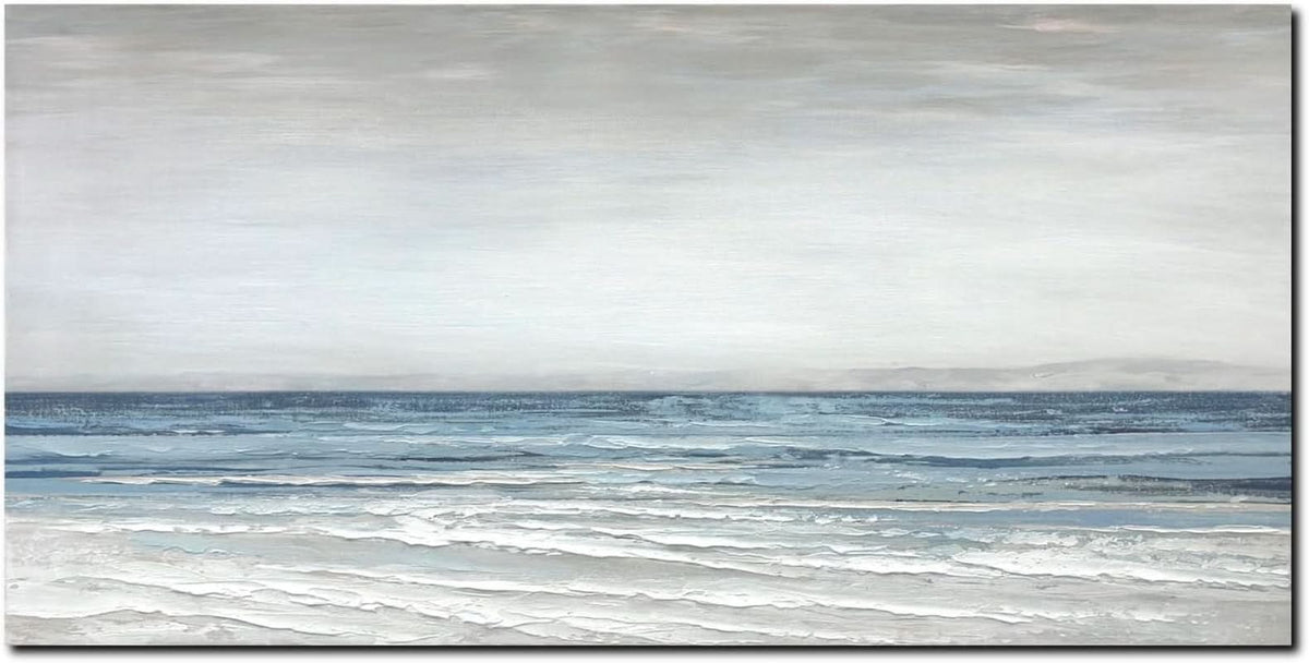 Seascape Textured Coastal Wall Art 28x57 Hand-Painted White Canvas – image 5