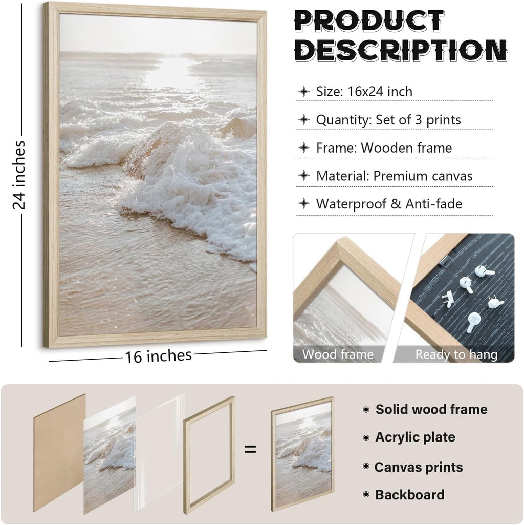 Beach Coastal Wall Art Set of 3 Framed, 16x24 in for Living Room – image 2
