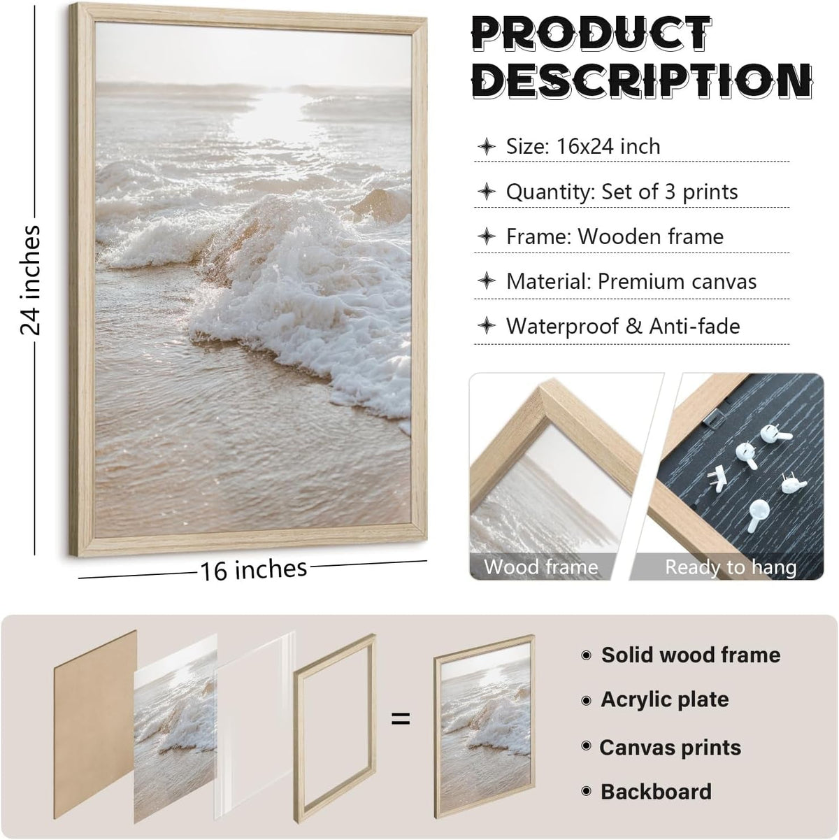 Beach Coastal Wall Art Set of 3 Framed, 16x24 in for Living Room – image 2