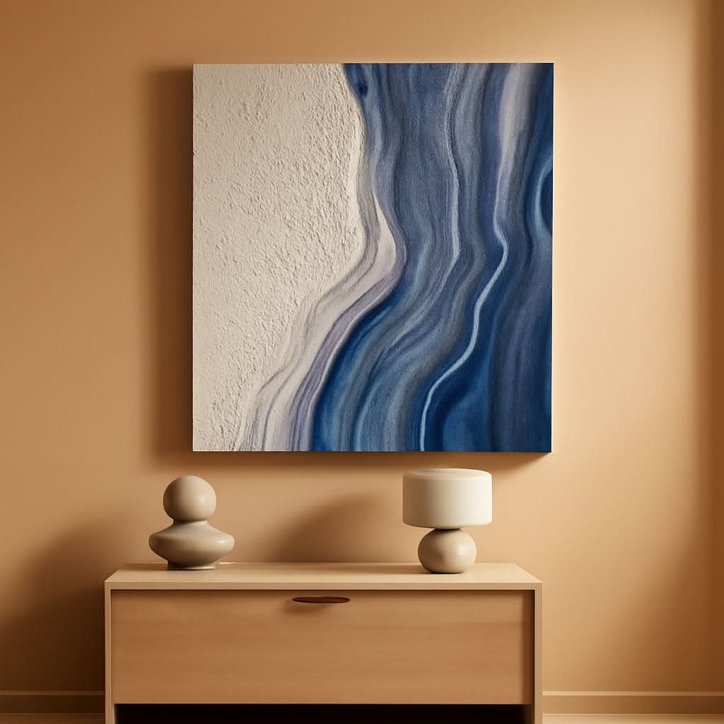 Textured Wall Art 60x40 Hand-Painted White Blue for Living Room – main view
