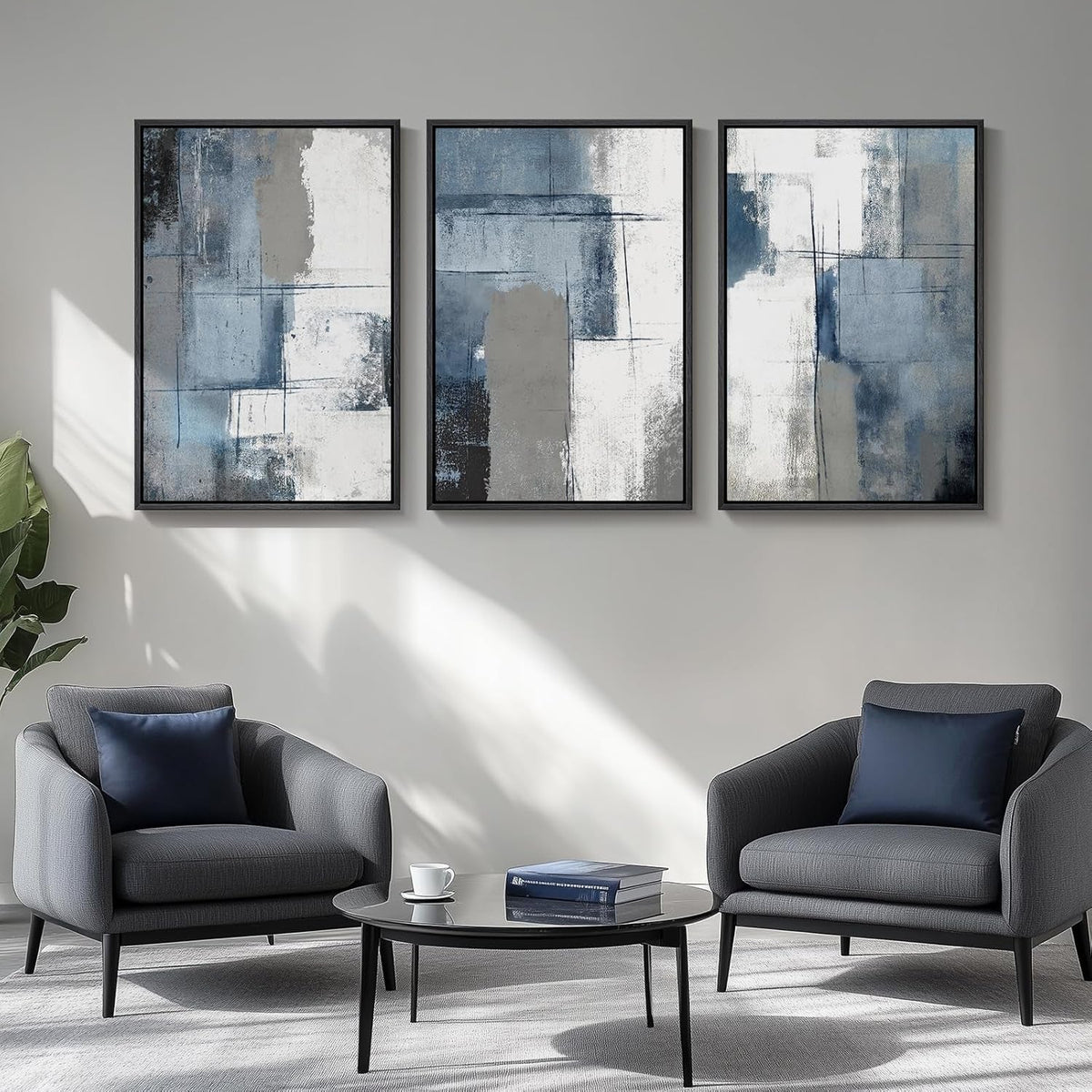 Area Modern Wall Art Set of 3 Framed Blue Grey for Living Room – image 4