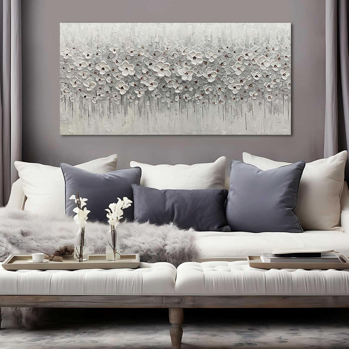 Flower Floral Wall Art 24x48 Framed White Canvas for Living Room – image 7
