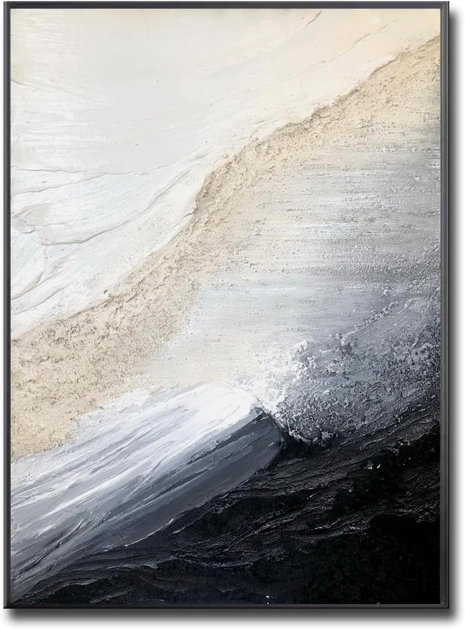 Black and White Coastal Wall Art 32x48 Hand-Painted Framed – image 3
