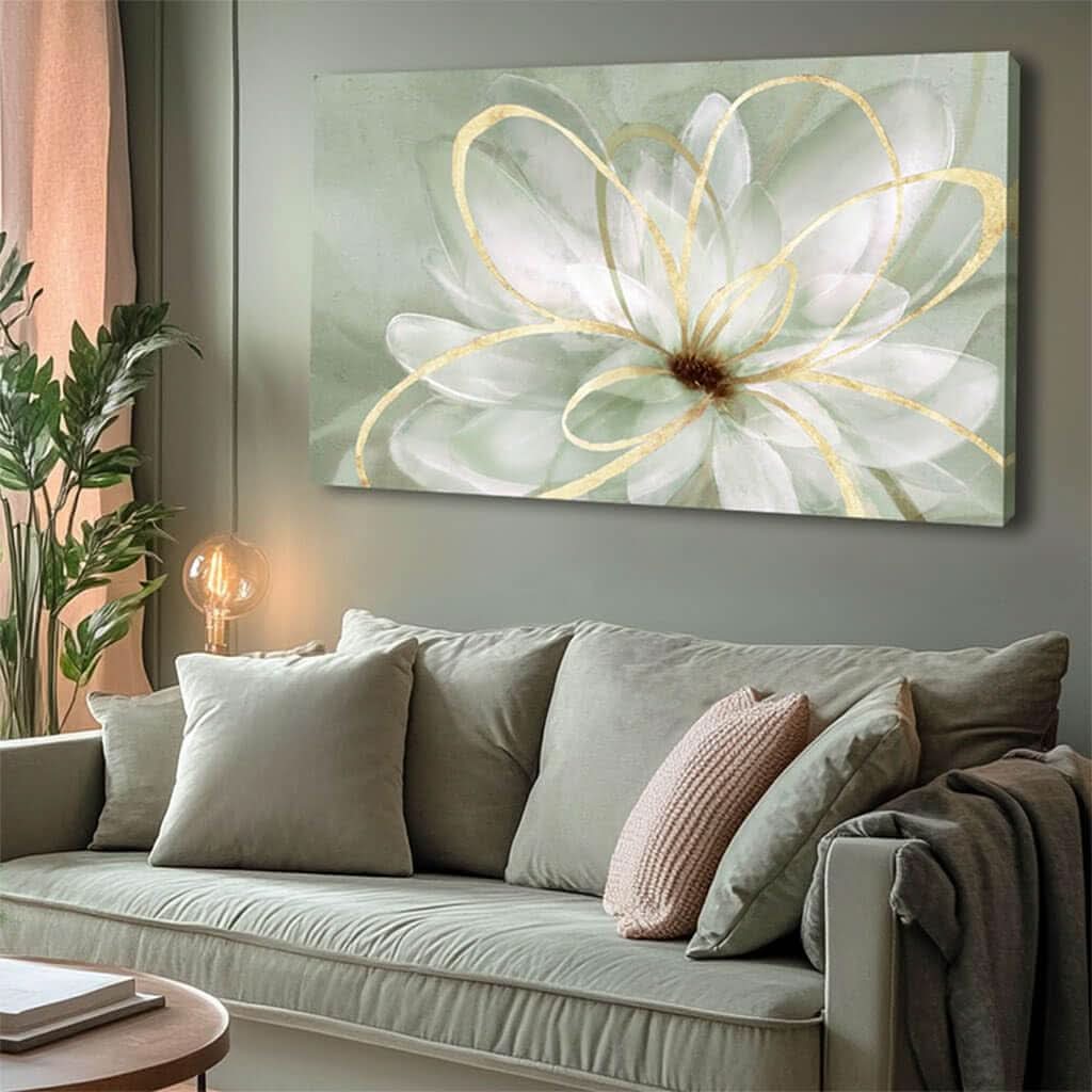 Blossom Line Floral Wall Art 29x58 Hand-Painted White Gold Canvas – main view