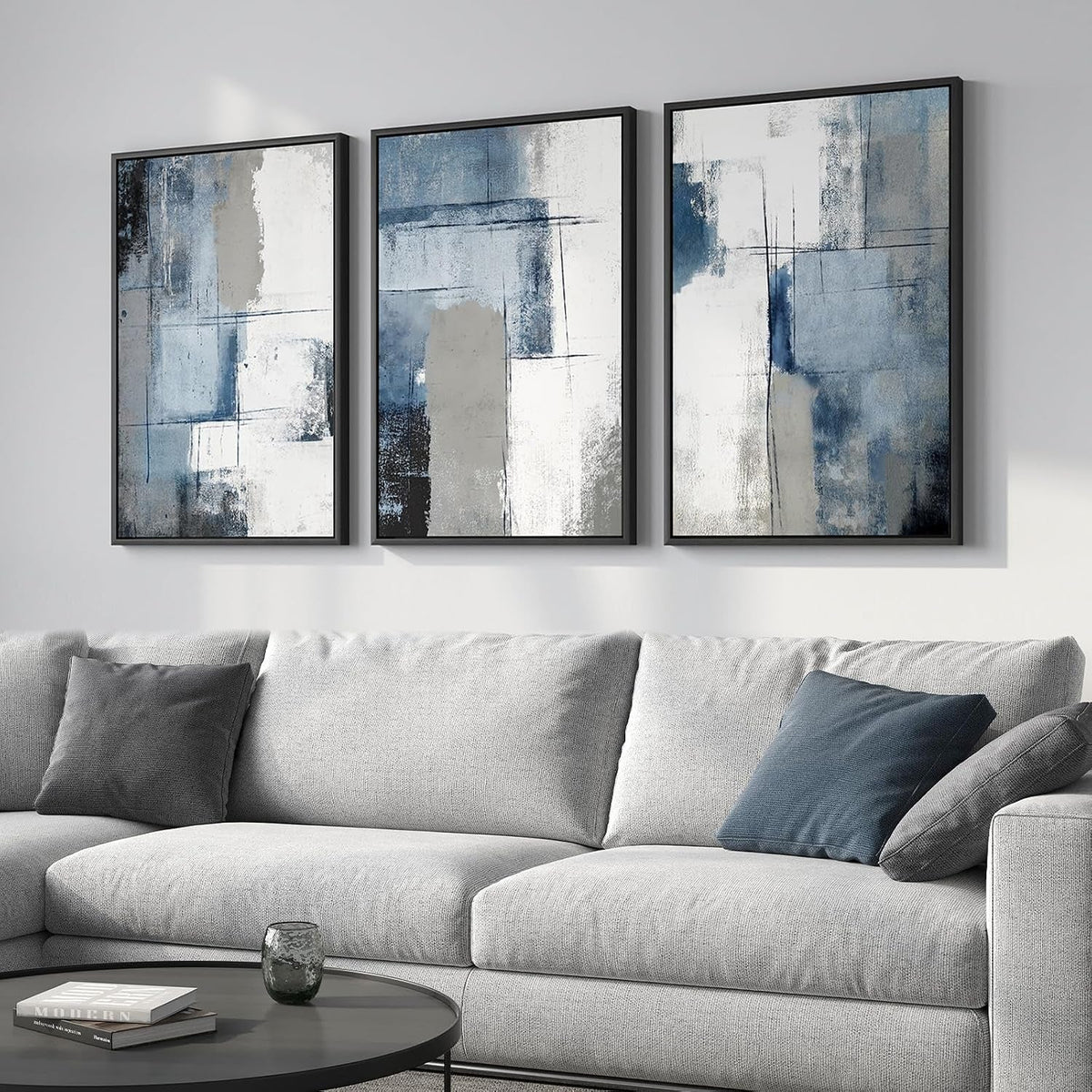 Modern Wall Art Set of 3 Blue Grey Canvas, 20x30 in – image 2