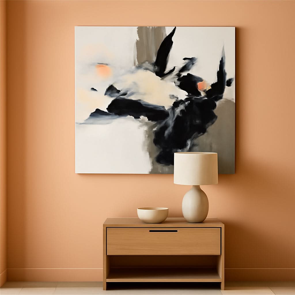 Textured Abstract Wall Art 58x29 Framed Black Beige Canvas – main view