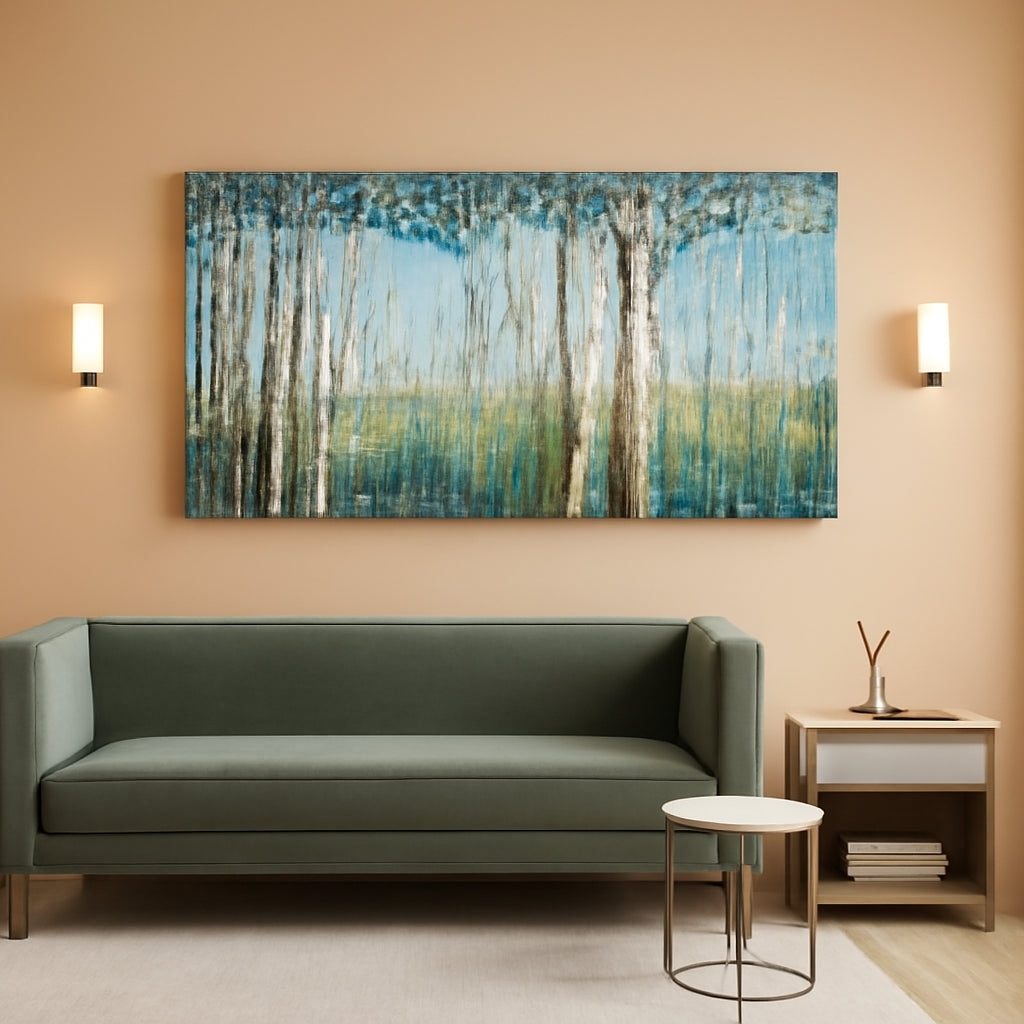 Birch Tree Landscape Wall Art 24x48 Framed Teal Canvas – main view