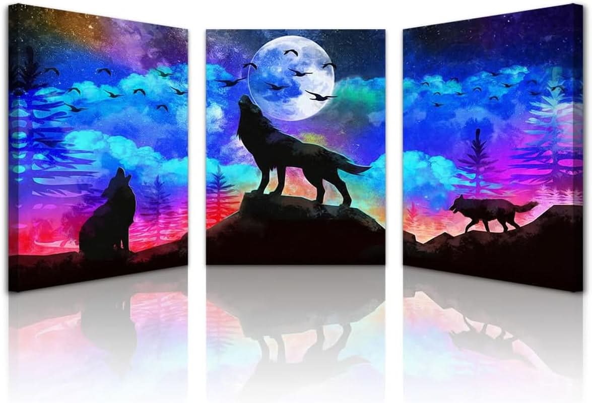 Wolf Boho Wall Art Set of 3 Canvas, 20x28 in for Living Room – main view