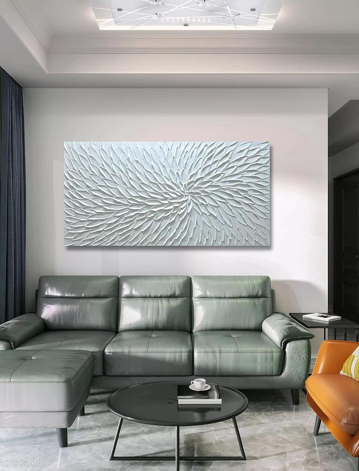 Intricately Textured Floral Wall Art 24x48 Hand-Painted White Canvas – image 2