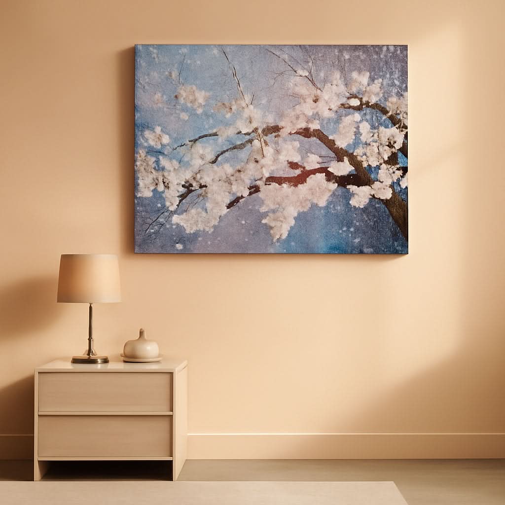 Plum Blossom Twent Floral Wall Art 40x20 Hand-Painted White Blue – main view