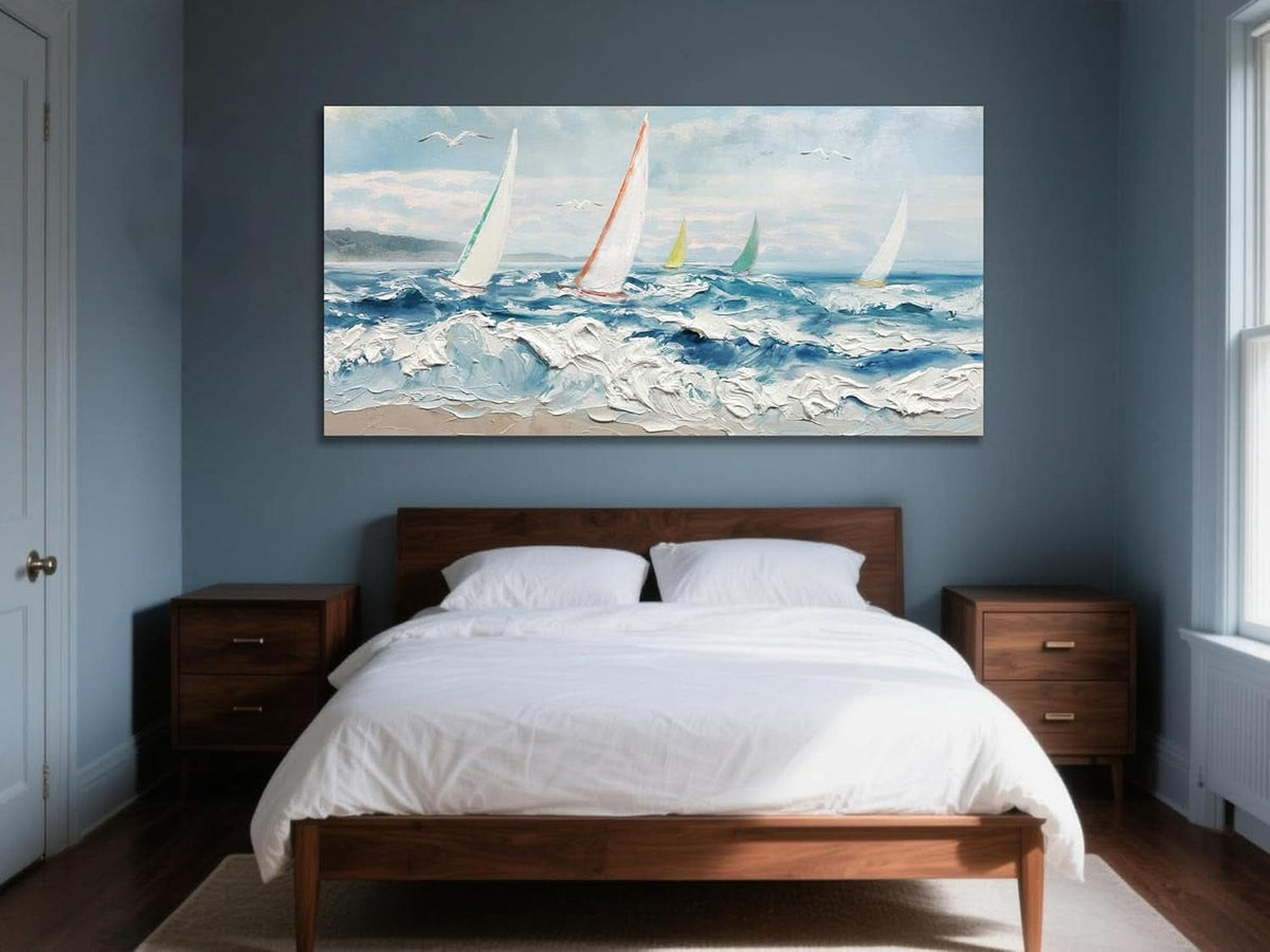 Ocean Wave Textured Coastal Wall Art 40x20 Blue Canvas – image 6