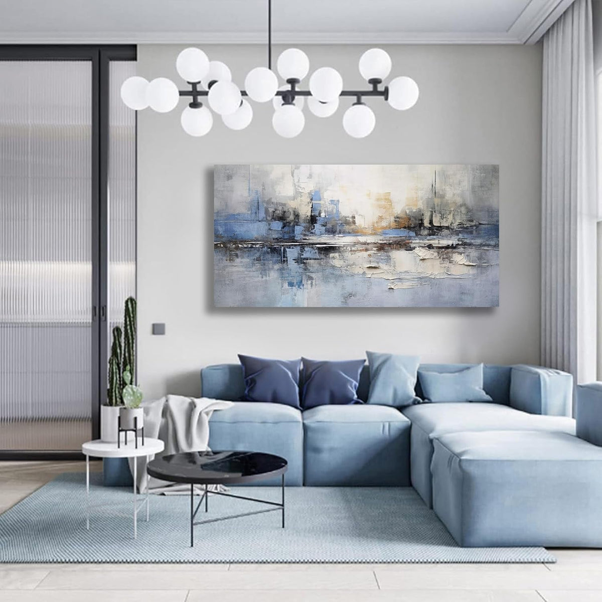 Blue-Gray Abstract Wall Art 29x58 Hand-Painted Blue Gray Canvas – image 3