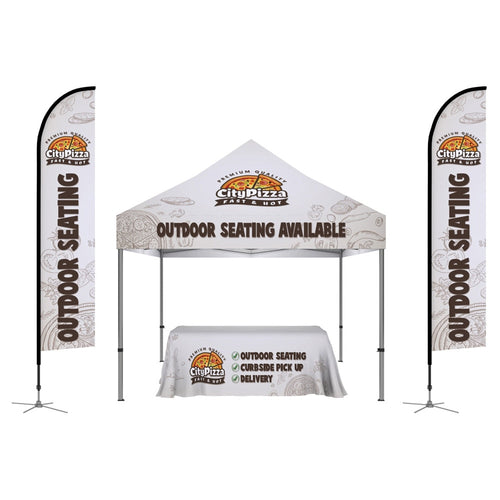 10ft Aluminum Canopy Tent Bundle with 2 Feather Flags & 6ft Table Throw