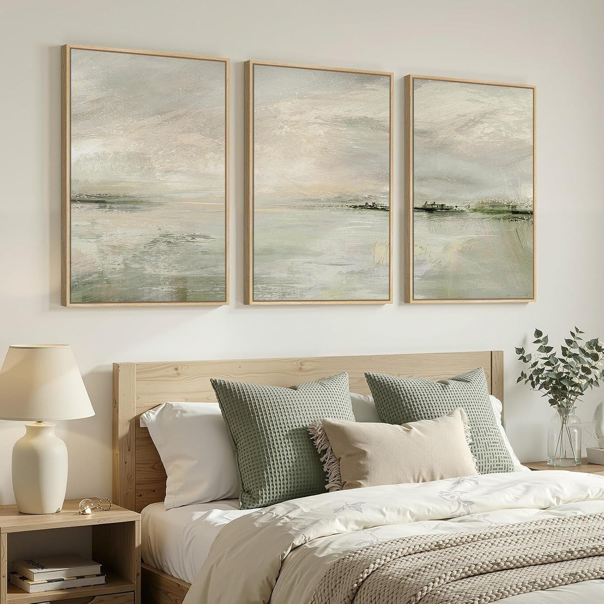 Abstract Landscape Wall Art Set of 3 Extra Large Sage Green Canvas – image 2