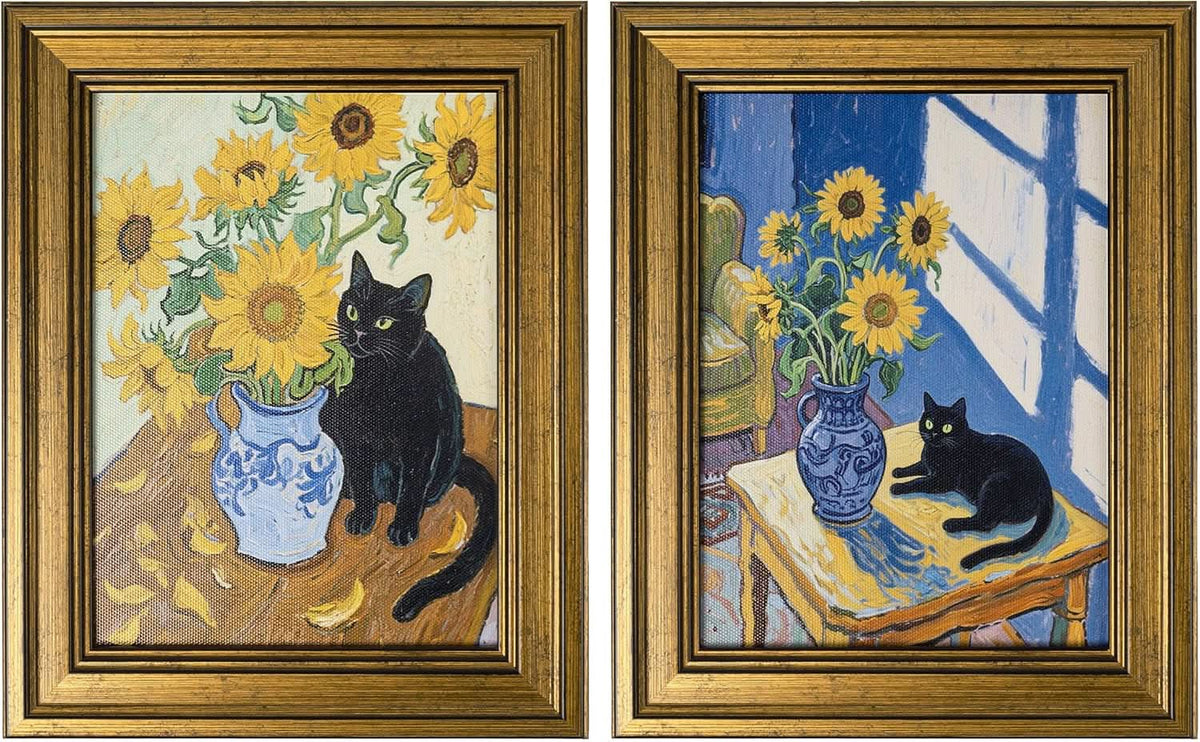 Cat Sunflowers Wall Art Framed Canvas for Living Room – main view