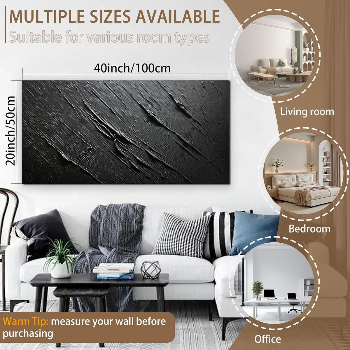 Raised Textured Abstract Wall Art 20x40 Black Canvas – image 5