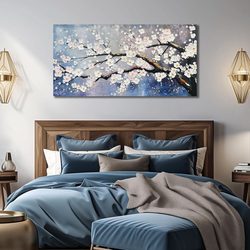 Plum Blossom Twent Floral Wall Art 40x20 Hand-Painted White Blue – image 3