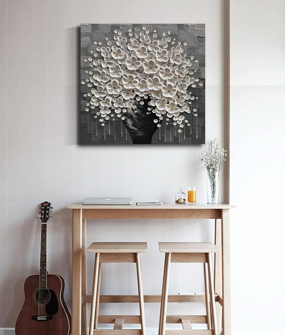 Flower 3D Floral Wall Art 24x24 Hand-Painted White Canvas – image 3