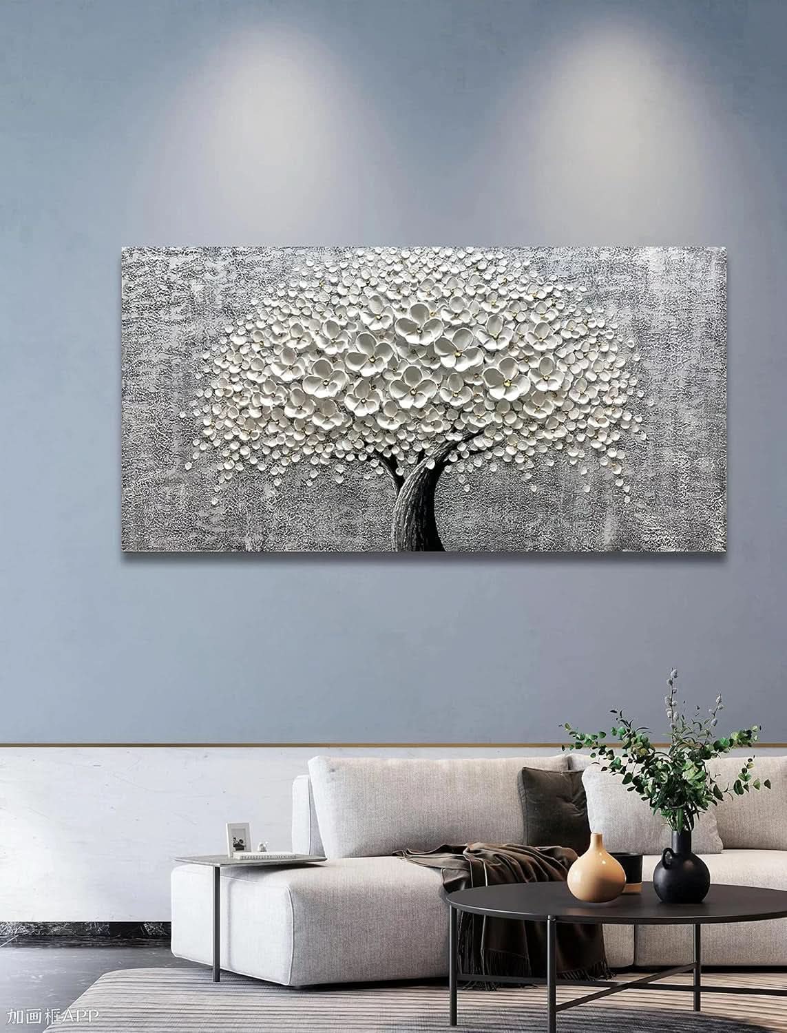 Flower 3D Floral Wall Art 24x48 Hand-Painted White Canvas – image 4