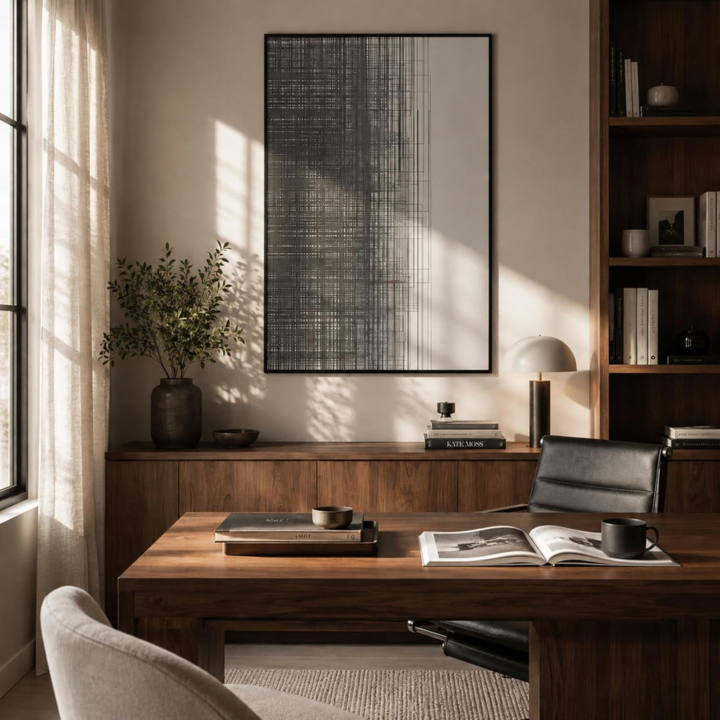 Geometric Grid Textured Abstract Wall Art 48x32 Framed Grey – image 7
