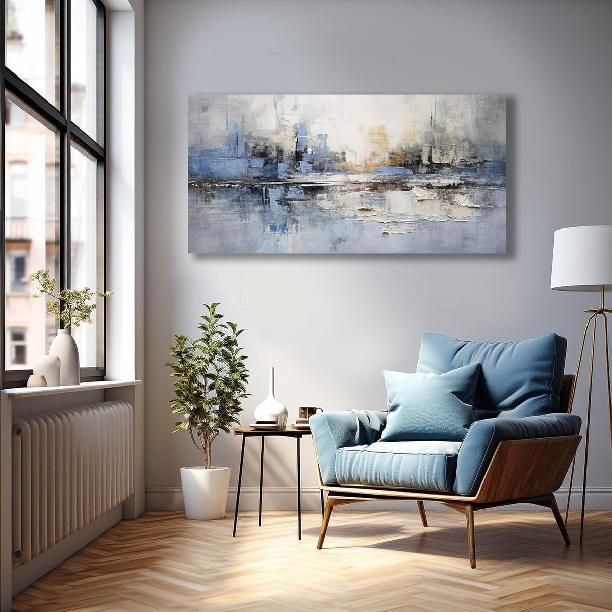 Blue-Gray Abstract Wall Art 29x58 Hand-Painted Blue Gray Canvas – image 5