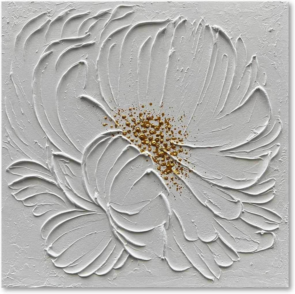 Surface Textured Floral Wall Art 24x24 Hand-Painted White Ivory – main view