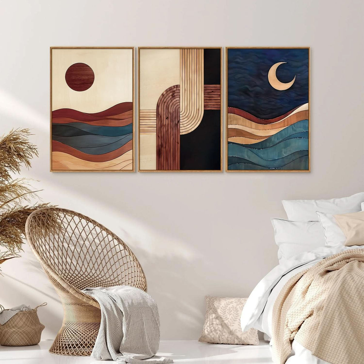 Three-Panel Abstract Wall Art Set of 3 Framed Beige Canvas, 16x24 in – image 4