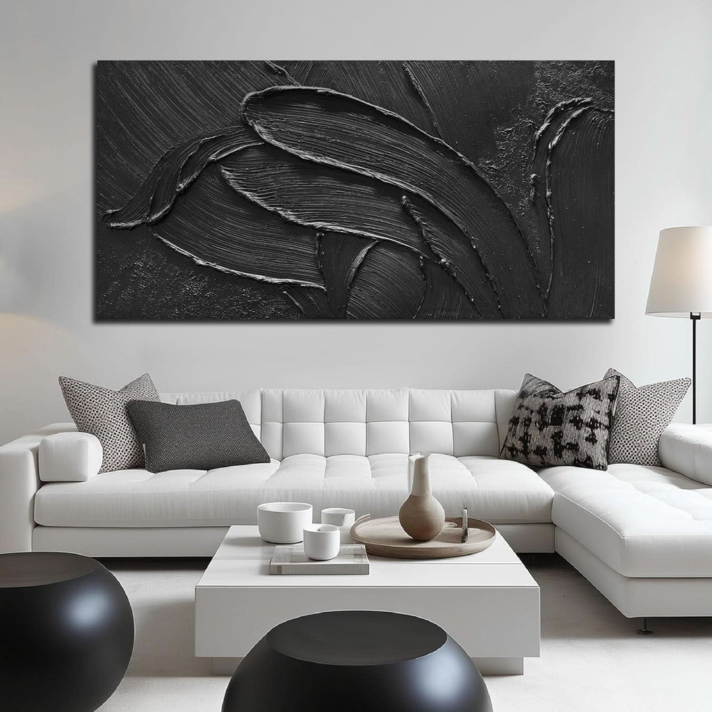 Textured Abstract Wall Art 29x58 Hand-Painted Black – image 2
