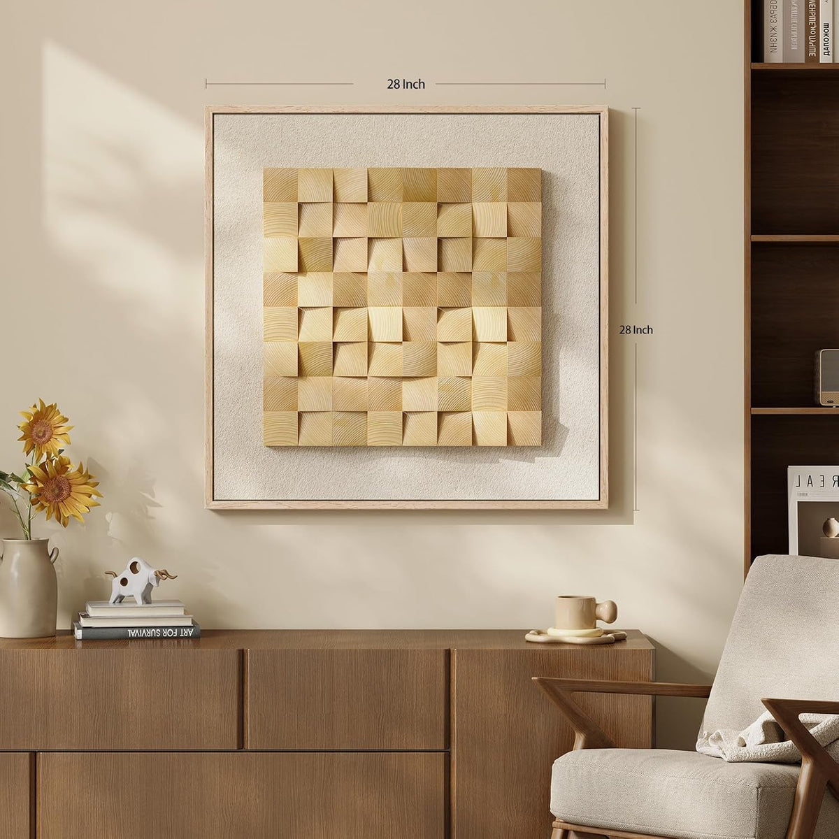 Wood Geometric Textured Modern Wall Art 28x28 Framed Beige – image 4